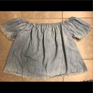Fringed strapless jean shirt